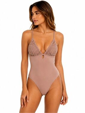 Shade and Shore Crochet-Detail One-Piece Swimsuit dark nude NWT